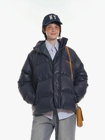 Unvesno (UN)雙頭拉鏈PU皮羽絨服情侶保暖90白鴨絨面包服 CT-2173