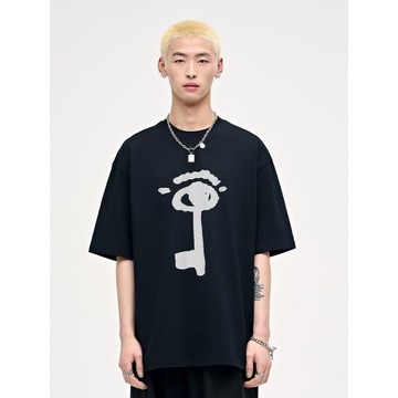 山小川潮牌鑰匙印花t恤短袖男純棉夏季涂鴉美式潮流男生寬松體恤