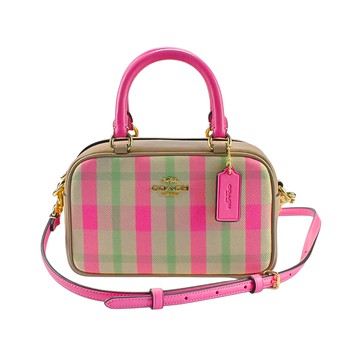 COACH粉桃紅撞色格紋帆布拼接素面皮革手提/斜背迷你小包