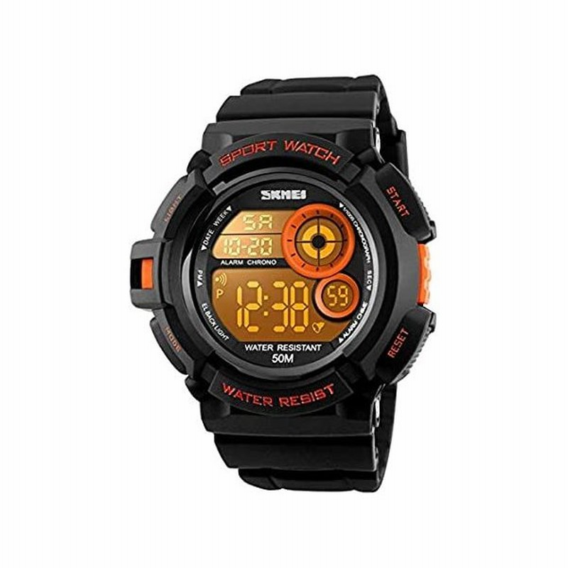 スポーツウォッチ ミリタリー メンズ 多機能電子腕時計 50m耐水 黒オレンジ 通販