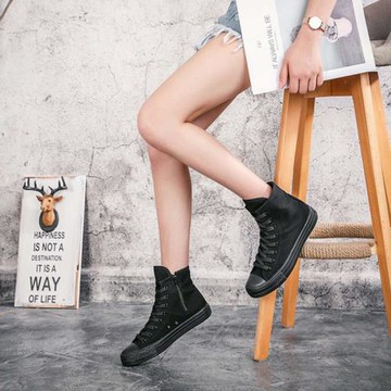 2026春季全黑高幫帆布鞋女側拉鏈內增高工作鞋平底板鞋百搭大碼鞋