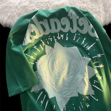 美式復古綠色純棉短袖t恤女ins國潮甜酷風設計感小眾寬松半袖上衣