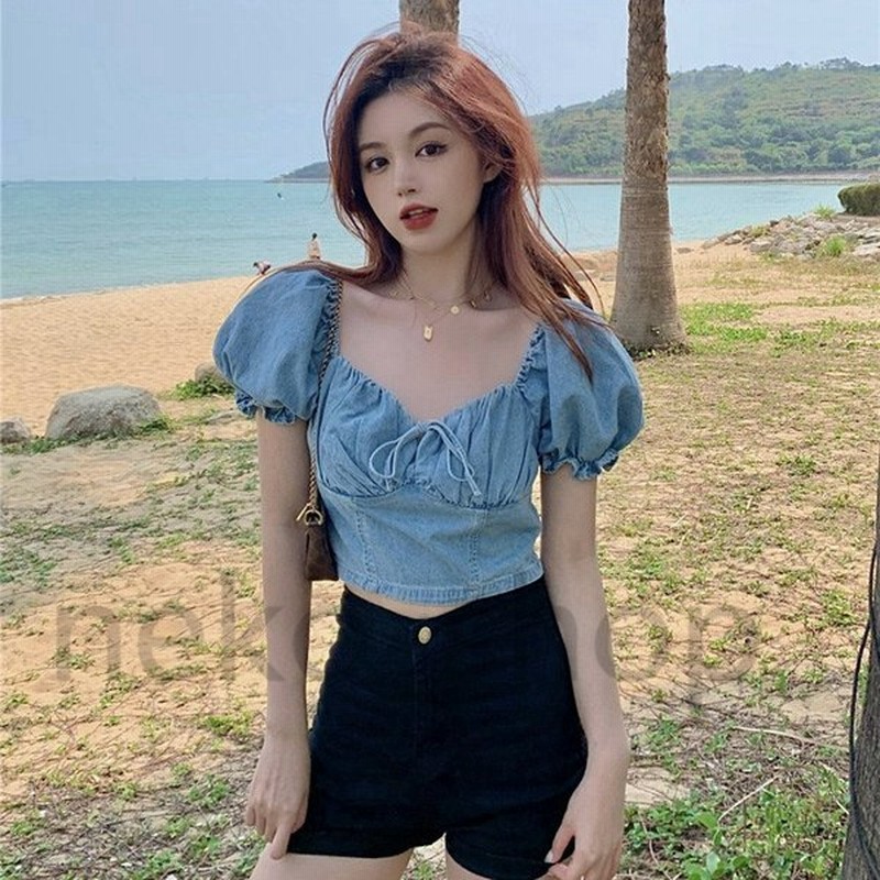 Bell デニムシャツ ブラウス レディース 夏 トップス インナー とろみシャツ ベルスリーブ 半袖 ショート丈 ヘソ出しトップス スリム 着痩せ 韓国 通販 Lineポイント最大get Lineショッピング