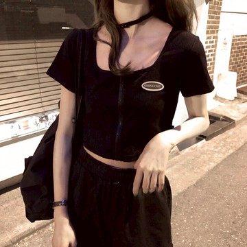 夏裝鬼馬少女拉鏈短袖T恤女寬松顯瘦短款露臍上衣潮+工裝長褲1入
