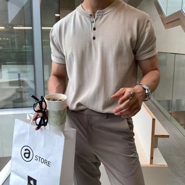 體能服緊身襯衫短袖T恤男Polo衫成熟穩重修身復古緊袖口亨利衫夏