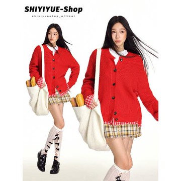 SHIYIYUE紅色圓領針織開衫女秋冬學院風復古拼色格子長袖外套上衣