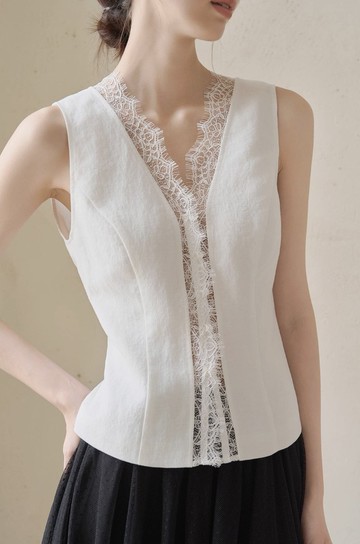 法式極簡 天絲亞麻蕾絲背心 襯衫 長褲套裝