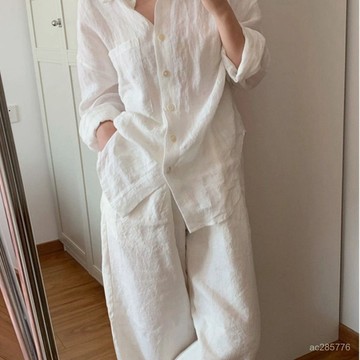純棉白色棉麻套裝2025春秋款簡約高級休閒百搭長袖襯衫長褲兩件套 HFRK