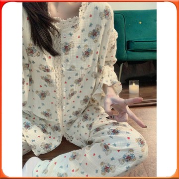 🥇台灣出貨🥇 韓版卡通小熊長袖睡衣女春鞦季新款網紅甜美學生可外穿居傢服套裝 ✨️滿額免運✨️147-12-B