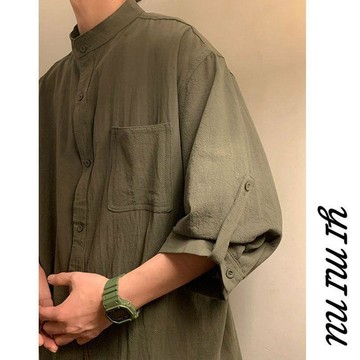 【二十三歲】臺灣出貨軍綠色無領襯衫男棉麻新中式國風漢服唐裝中山裝外套七八分袖夏季