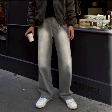 正韓日常時髦水洗刷色直筒牛仔寬褲 灰色 YUPPIE 預購商品 0203