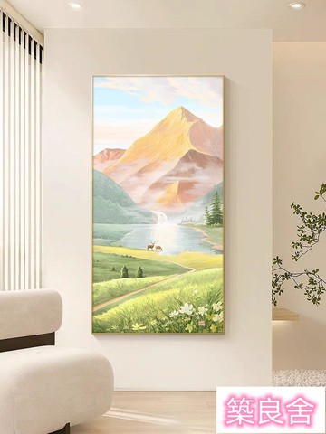 可開發票 裝飾畫 掛畫 背景墻畫 客廳裝飾畫 玄關畫玄關裝飾畫走廊過道山水風景畫日照金山掛畫入戶豎版墻壁畫免打孔zz9008