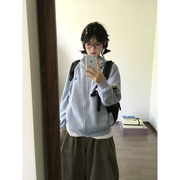新品🔥外套女 衛衣 衛衣外套 開衫衛衣 連帽衛衣 美式韓系學院風條紋連帽衛衣女秋季寬鬆百搭明線拼接開衫藍色外套