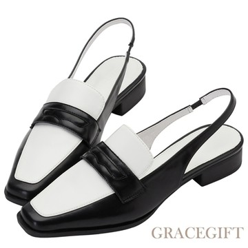 【Grace Gift】撞色設計後空樂福鞋 白x黑