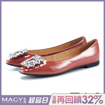 TAS 璀璨晶鑽方釦全真皮方頭平底鞋 鏡紅色