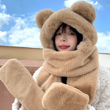 隔日達🎀免運 冬季可愛毛絨絨大耳朵熊帽高顔值加厚保暖圍巾手套三件套戶外冬帽