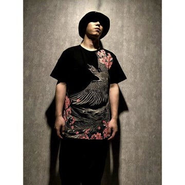 赤猿潮牌風雷神刺繡T恤男士中國風花卉鳳凰短袖體恤寬松大碼文藝