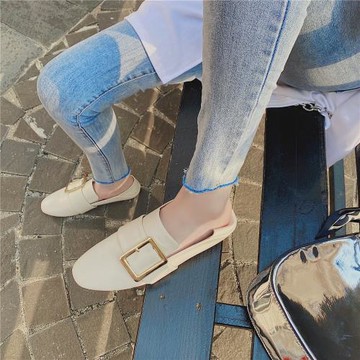 香港2025春秋真皮方扣平底鞋單鞋兩穿鞋懶人一腳蹬樂福鞋小皮鞋女