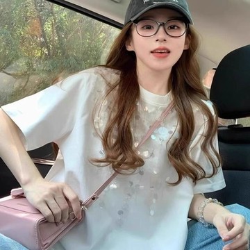 【亮片】簡約通勤 韓版大碼  重工亮片 帥氣 個性女裝 正肩短袖 t卹女 夏季胖mm 寬鬆顯瘦 設計感 女裝上衣