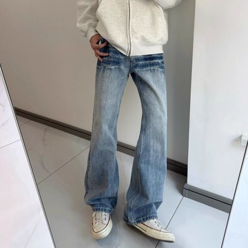 美式高街vibe風閃電裂紋小眾設計感水洗淺藍色牛仔褲男微喇長褲子