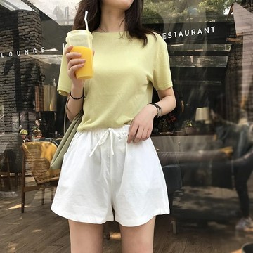 棉麻休閑短褲女大碼闊腿褲居家沙灘熱褲夏季寬松休閑運動五分褲子 鬆緊腰短褲 女生短褲 韓版短褲 夏天短褲 流行短褲「樂購」