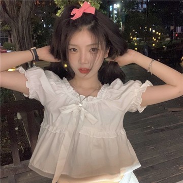 台灣出貨 白色泡泡袖襯衫女夏季新款法式寬鬆短款設計感小衆短袖上衣 短袖襯衫 襯衣 短袖上衣女 設計感上衣