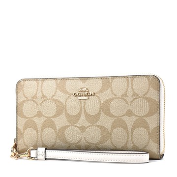 COACH 緹花LOGO防刮皮革手掛式拉鍊長夾-白色