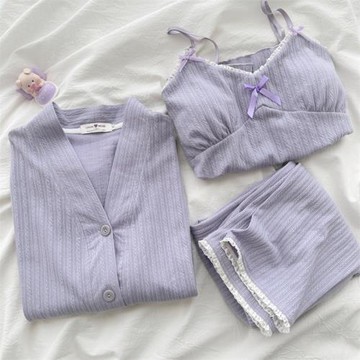 純欲風睡衣女長袖春秋款純棉吊帶胸墊外套三件套裝女士夏季家居服