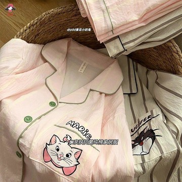 情侶睡衣 韓版ins瑪麗貓情侶睡衣春秋季純棉長袖卡通條紋男女生家居服睡衣女 寬鬆舒適 長袖睡衣套裝 大碼睡衣