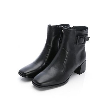 viina時尚純色羊皮粗跟短靴 - 黑
