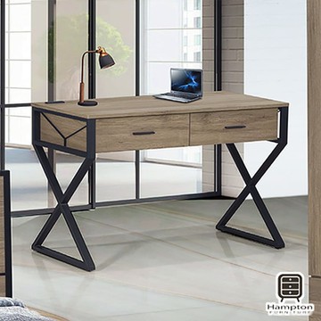 Hampton 漢汀堡-黑爾灰橡4尺耐磨插座書桌-鐵架121×60×79cm