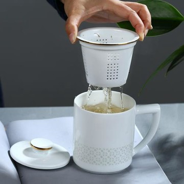 景德鎮玲瓏陶瓷杯子茶水分離泡茶杯帶蓋過濾喝茶家用辦公杯禮品盒
