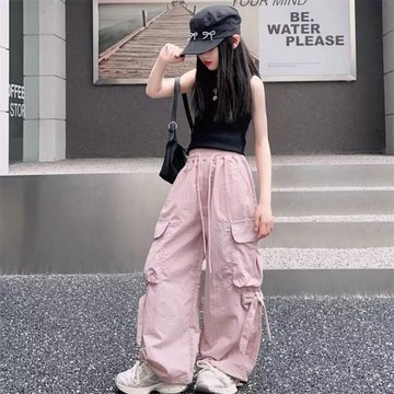 女童工裝褲春秋2025新款兒童春夏闊腿褲女孩大童潮酷穿搭工裝褲子