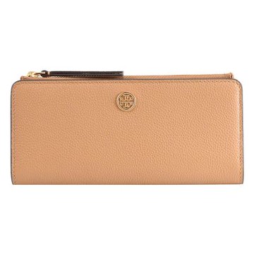 TORY BURCH 金屬LOGO撞色皮革扣式零錢長夾(淺咖)