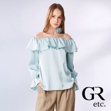 【GLORY21】網路獨賣款-etc.浪漫荷葉露肩造型上衣-附玫瑰花綁帶-綠色