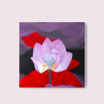 *迷霧系列-靜止的蓮花與紅葉子*  手繪油畫  非印刷品