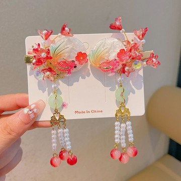 love, charlotte - 古風如魚得水琉璃紅花朵吊墜髮飾對夾