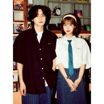 【SEMPLICITA】韓國 復古 絲絨 小鐵牌 素面 襯衫 寬版 落肩 情侶 男女不拘 短袖襯衫