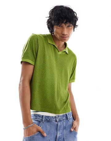 ASOS DESIGN cropped revere polo in green jacquard