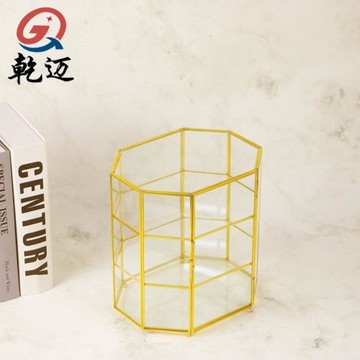 防塵多層玻璃化妝，首飾收納盒，亞馬遜金色托盤玻璃水果盤鐵藝鏡
