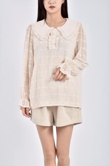 加購優惠(S) vibe質感雪紡花紋杏色長袖上衣