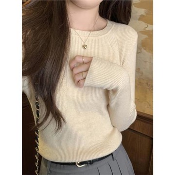 高級感修身圓領簡約顯瘦百搭長袖針織打底衫女內搭毛衣上衣基礎款