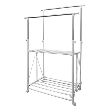 雙手萬能 不鏽鋼秒收雙桿活動衣架 附活動輪 寬度高度皆可調整  高95~170 x 寬88~150 x 深50cm  白色