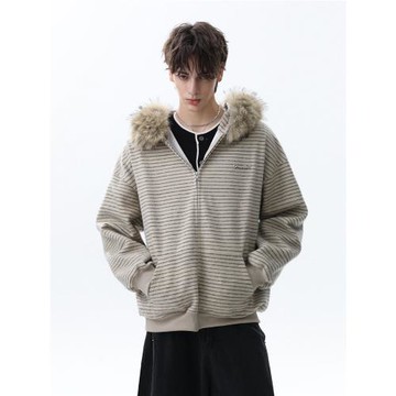 MRNEARLY秋季美式潮牌條紋可拆卸毛領拉鏈開衫衛衣男連帽情侶外套