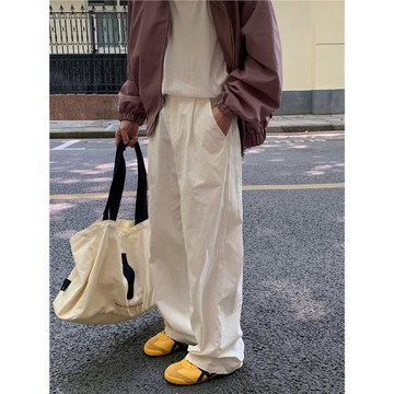 Lucah 自留款百搭壓褶純色休閑寬松直筒褲男秋冬新品降落傘長褲