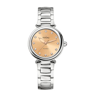 TITONI瑞士梅花錶 炫美時尚快拆系列(23978 S-725)-香檳金色面盤/銀白鍊帶/33.5mm