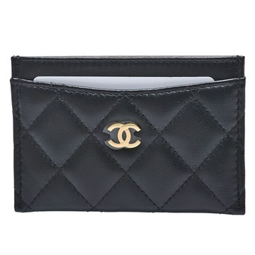 CHANEL 經典菱格小羊皮雙C LOGO金釦信用卡套/卡夾(黑)