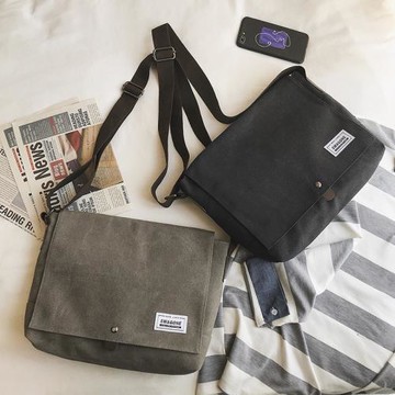 棉質橫款翻蓋帆布復古方形男士郵差包斜挎包單肩包百搭簡約背包大