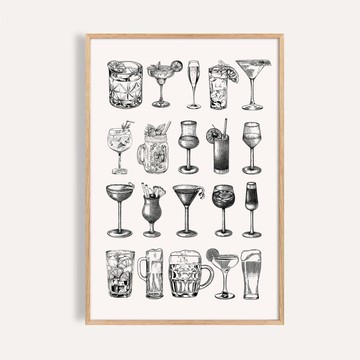 經典酒杯收藏 Vintage Glassware / 黑白插畫海報 / 無框畫 掛畫