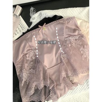 無痕大碼內褲女高腰收腹性感蕾絲網紗冰絲綢緞面胖mm黑色短褲新款